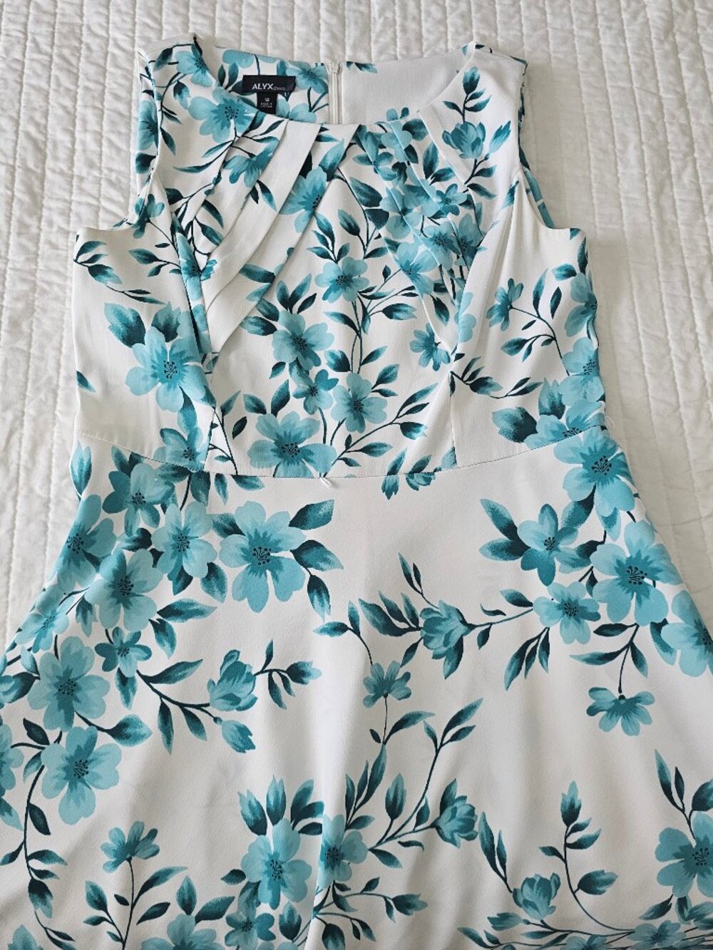Alyx White Teal Floral Fit & Flare Belted Midi Dress